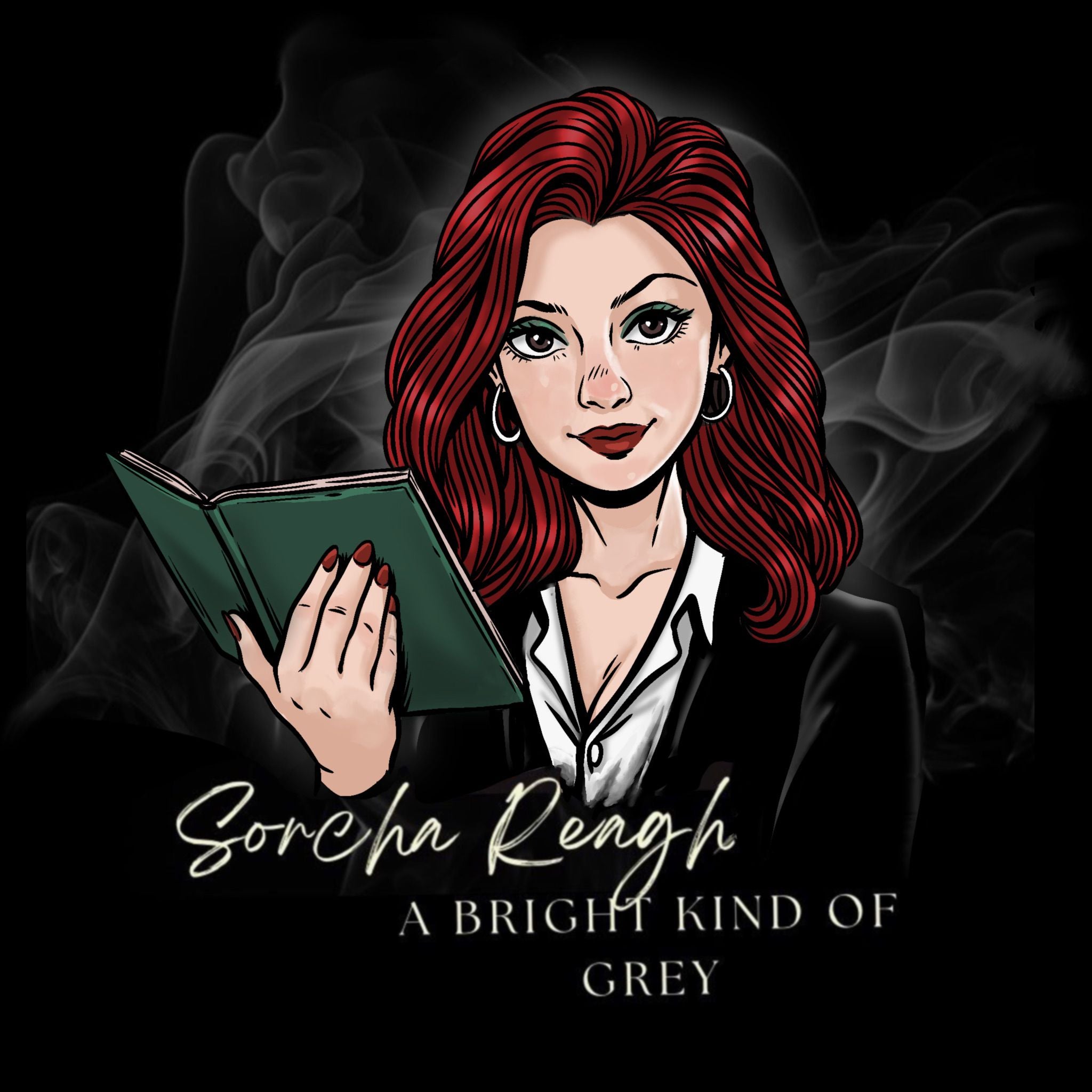 Illustration of Sorcha Reagh holding a book, with text 'Sorcha Renagh A Bright Kind of Grey' on a dark background.